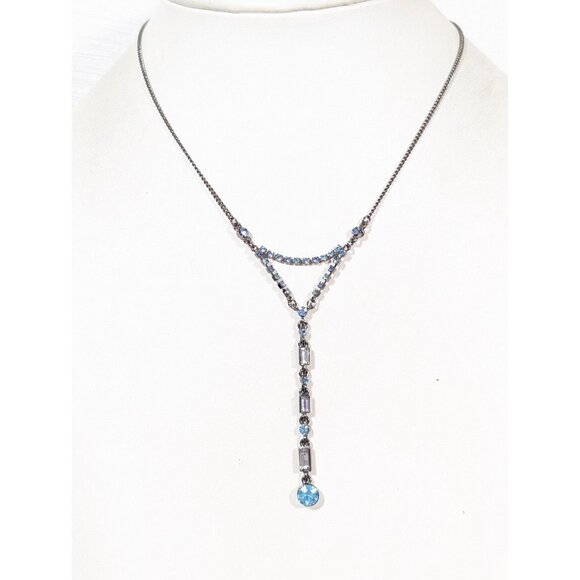 Guess Blue Rhinestone Baguette Tennis Y-Drop Necklace 18 in - Picture 1 of 8